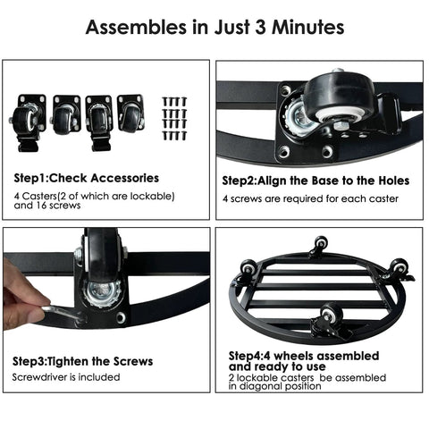 Assembly instructions for 18 Inch Round Plant Caddy with Wheels Heavy Duty Metal Plant Dolly showing parts and step-by-step guide