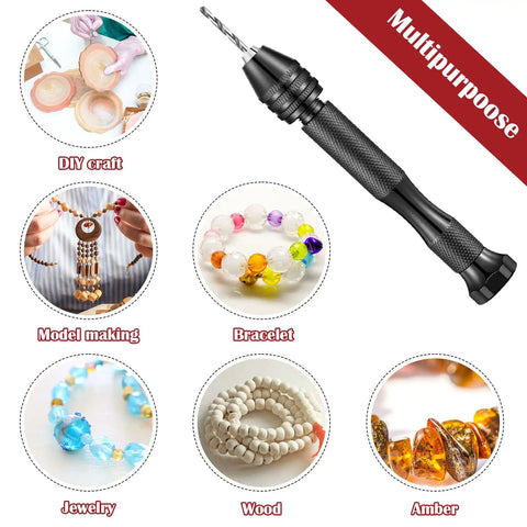 Handy Micro Drill Bit Set With Pin Vise And PCB Bits For Resin Art, Polymer Clay Jewelry DIY Projects Includes 94 Micro Twist Bits And 20 PCB Mini Bits, Black, shown with uses like amber and wood crafting.
