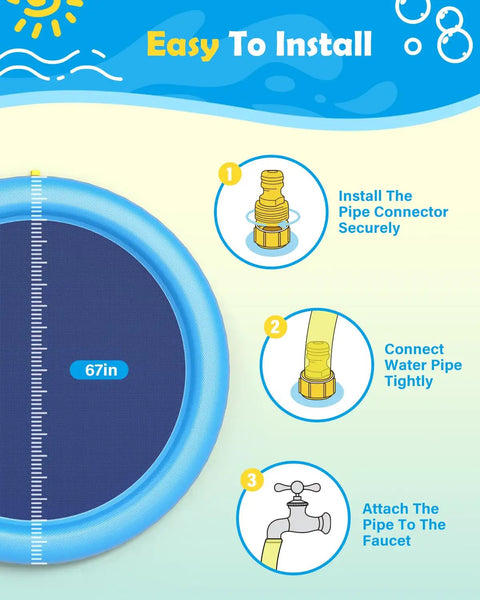 67-inch blue splash pad installation guide with connectors for garden hose, part of Splash Pad For Dogs And Kids, Anti Slip Dog Pool.