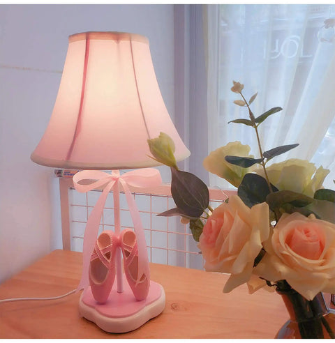 Pink Dancing Shoes Table Lamp For Girls Room, 14 Inch Tall Bedside Light With Fabric Stitch Shade, E26 LED Bulb Included