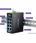 Compact Industrial 8-Port Gigabit DIN-Rail Switch Built For Rough Environments, IP30 Rated, mounted on a rail with ports visible