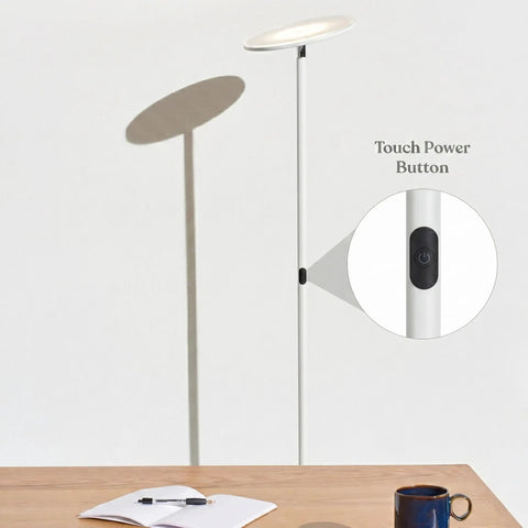 Sky LED Floor Lamp Torchiere Lit And Super Bright Dimmable Tall Standing Lamp with touch power button in living room setting