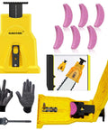 Universal Chainsaw Teeth Sharpener with six fast sharpening stones and gloves, showing yellow tool open and closed for 12 to 22 inch bars.
