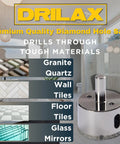 2 Inch Diamond Hole Saw For Tiles And Glass With 3/8 Inch Shank displayed in front of bathroom setting, details of materials it drills through