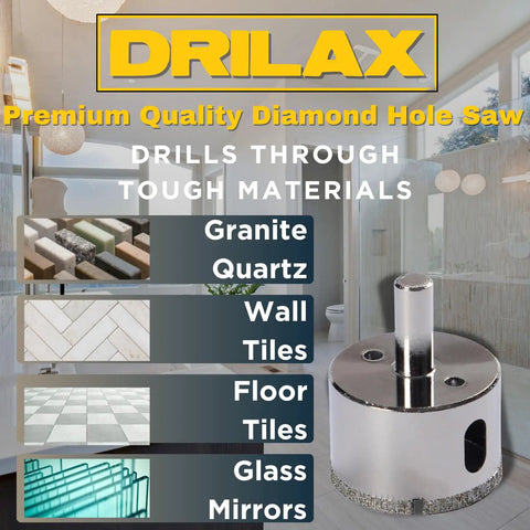 2 Inch Diamond Hole Saw For Tiles And Glass With 3/8 Inch Shank displayed in front of bathroom setting, details of materials it drills through