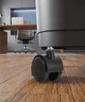 Close-up of 8 Pack Tough Nylon Stem Swivel Casters 1.5 Inch Zero Scratch Twin Wheels on a utility dolly in an office setting.