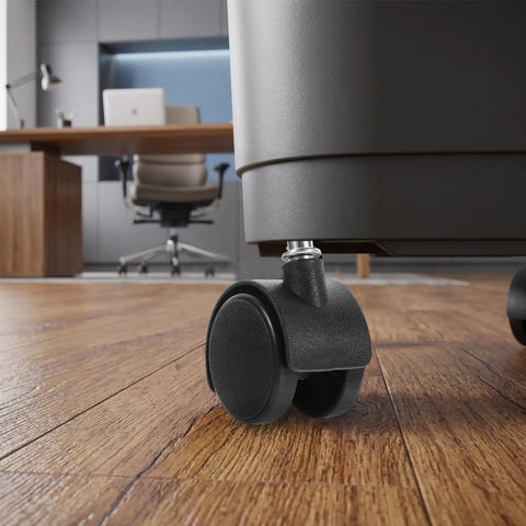 Close-up of 8 Pack Tough Nylon Stem Swivel Casters 1.5 Inch Zero Scratch Twin Wheels on a utility dolly in an office setting.