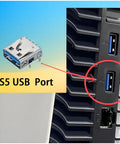 PS5 USB Port Replacement Kit With 2 USB Connectors, 20 Dust Plugs, Desoldering Wick, No Clean Solder Wire Roll For PS5 Pro, Slim, And Legacy Consoles DIY Fix Ready showing a USB port on a PS5 console and a replacement connector.