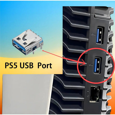 PS5 USB Port Replacement Kit With 2 USB Connectors, 20 Dust Plugs, Desoldering Wick, No Clean Solder Wire Roll For PS5 Pro, Slim, And Legacy Consoles DIY Fix Ready showing a USB port on a PS5 console and a replacement connector.