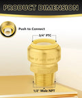 100 Piece Plug And Play Heavy Duty Lead Free Brass Push Connect Pipe Fittings 3/4 Inch Ptc To 1/2 Inch Male Npt Coupling With Quick Swap Clip Rock Solid For No Drip Plumbing Upgrades product dimension showing connection details.