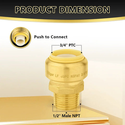 100 Piece Plug And Play Heavy Duty Lead Free Brass Push Connect Pipe Fittings 3/4 Inch Ptc To 1/2 Inch Male Npt Coupling With Quick Swap Clip Rock Solid For No Drip Plumbing Upgrades product dimension showing connection details.