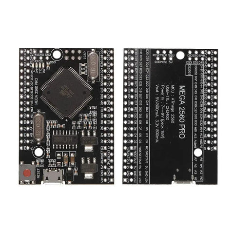 Front and back view of Mega 2560 Pro Embedded Board With CH340G USB UART Converter And ATmega2560-16AU Chip, compact 38x55mm size