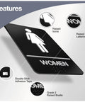 ADA Compliant Braille Restroom Sign For Business With Double Sided 3M Tape ABS Plastic 9 By 6 Inches showing raised lettering.