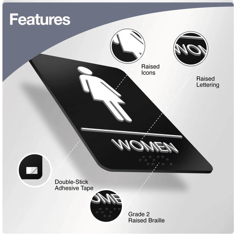 ADA Compliant Braille Restroom Sign For Business With Double Sided 3M Tape ABS Plastic 9 By 6 Inches showing raised lettering.