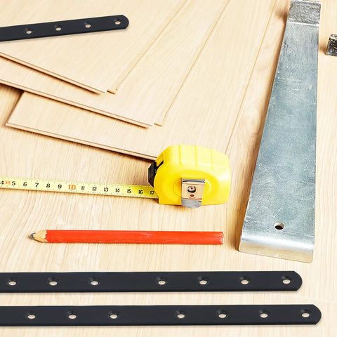 Heavy Duty Stainless Steel Flat Brace Plates 4 Pack For Wood, thick metal brackets, tape measure, wood panels, pencil
