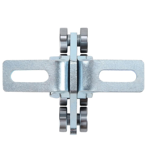 Top view of Electric Hoist Trolley Assembly with 8 wheel rollers for garage hoist systems, compatible with 1-5/8 inch wide strut channel.