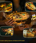 Close-up of Victorian Steampunk Airship 3D Puzzle Model DIY Kit for Adults with 648 pieces, illuminating feature shown.