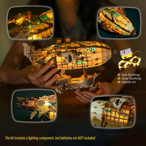 Close-up of Victorian Steampunk Airship 3D Puzzle Model DIY Kit for Adults with 648 pieces, illuminating feature shown.