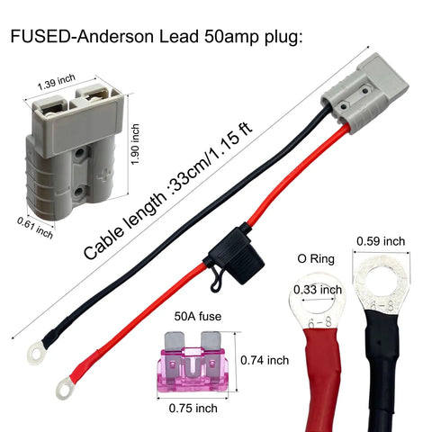 1.15 Ft 10 AWG Battery Cable Quick Connector With O Ring And Fuses For Battery Power Transfer 600V 50A Heavy Duty Cable With Fuse And SB50 Lead Plug For Quick Connections, 33cm cable