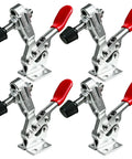 4 Pack 225D Quick Release Toggle Clamps With Killer Grip And Hella Tight 500 Pound Hold For Woodworking Jigs Fixtures Welding Station And Drill Press Setup, featuring zinc plated steel, red vinyl handles.