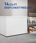 Roomy 14 Cubic Foot Top Load Chest Freezer With Drop Dead Cold Seven Level Temp Dial and Smooth Roll Caster Wheels.