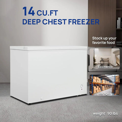 Roomy 14 Cubic Foot Top Load Chest Freezer With Drop Dead Cold Seven Level Temp Dial and Smooth Roll Caster Wheels.