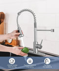 Brushed Nickel Kitchen Faucet With Pull Down Sprayer, High Arc Single Handle, 1 Or 3 Holes Install, spraying water on lime