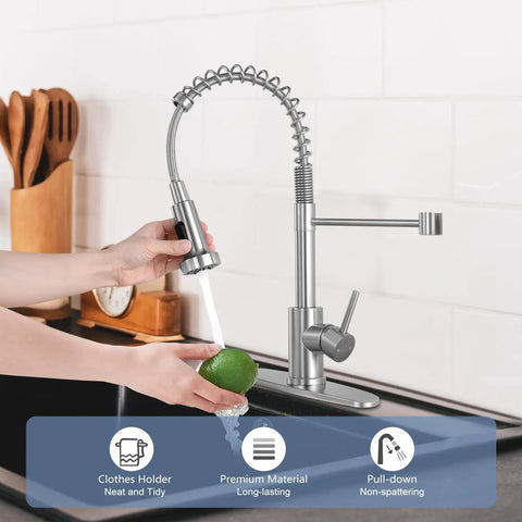 Brushed Nickel Kitchen Faucet With Pull Down Sprayer, High Arc Single Handle, 1 Or 3 Holes Install, spraying water on lime