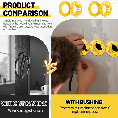 Comparison image showing Tough As Nails Polypropylene Wire Grommets For 2X4 Metal Studs with and without bushing for wire protection.