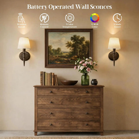 NICOLONOR Battery Operated Wall Sconces Set of 2, Wireless Wall Lights with 12 RGB Colors and 3CCT Dimmable, small fabric LED lamps on wall.