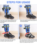 Steps showing how to use the Beefed Up Tree Climbing Kit With Anti Slip Footboards And Tool Set For Rock Climbing, Tree Trimming, Hunting, And Fruit Picking.