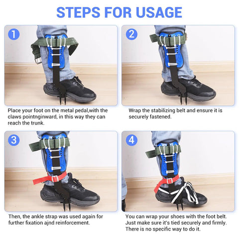 Steps showing how to use the Beefed Up Tree Climbing Kit With Anti Slip Footboards And Tool Set For Rock Climbing, Tree Trimming, Hunting, And Fruit Picking.