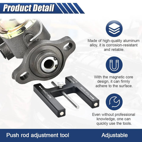 Brake booster push rod adjustment tool, black metal with adjustable pin and magnetic core
