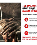 Walnut shell hand scrub product next to hands being washed, highlighting natural exfoliation features and ease of cleaning.