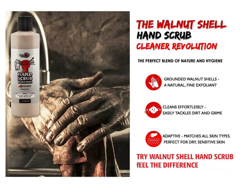 Walnut shell hand scrub product next to hands being washed, highlighting natural exfoliation features and ease of cleaning.