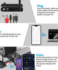 Steps to use the Bluetooth 5.3 Receiver For Home Stereo And Speakers With RCA Optical And 3.5mm AUX, Low Latency HD Music, Wireless Audio Stream, RCA Adapter For Car Or House Setup, Simple Plug And Play Music Streaming System.
