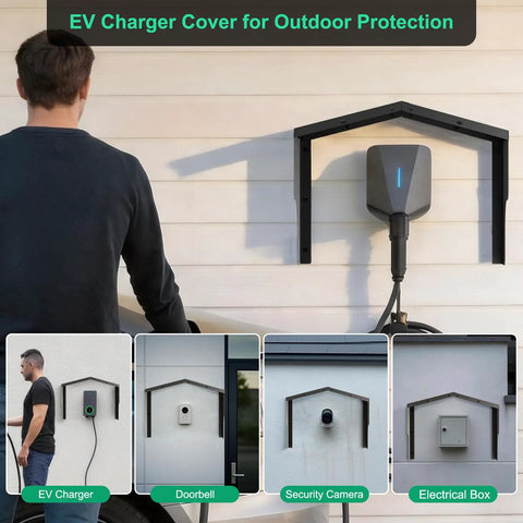 Heavy Duty Aluminum EV Charger Cover Rain Shield For Wall Mounted Electric Vehicle Stations Weatherproof Outdoor Guard on a wall.