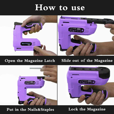 How to use guide for Purple Cordless Staple Gun And Brad Nailer 4V Rechargeable USB Power