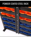 Wall Mounted 36 Bin Storage Rack for Garage and Workshop Heavy Duty Plastic Bin Organizer Kit with orange and blue bins