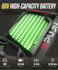 60V battery for Dual Motor 6000W Fat Tire Electric Mountain Bike For All Terrain Adventures, green lights, close-up view