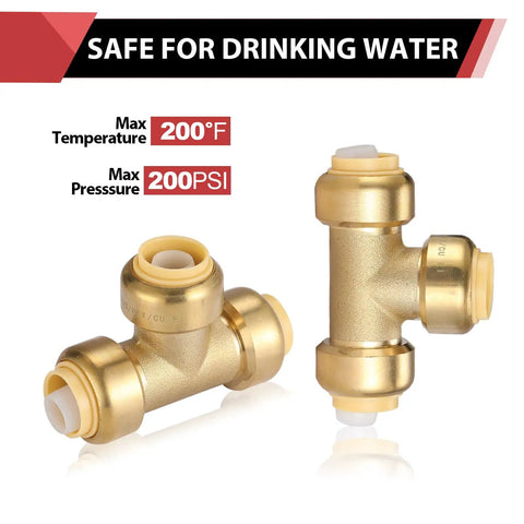Pack Of Two 1/2 Inch Tee Push Fit Fitting Connects Pex Copper And CPVC With Disconnect Clip Lead Free DZR Brass For Potable Water