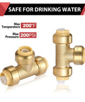 10 Pack Three Quarter Inch Push Fit Tee Fittings For PEX Copper CPVC With Disconnect Clip No Tools Needed Lead Free DZR Brass Easy Install Plumbing Connector Kit For Quick Secure Leak Free Plumbing Runs, shown with max temperature and pressure ratings.