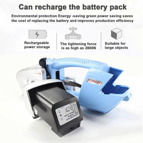Heavy Duty Electric Strapping Machine Automated Banding Tool For Secure Cartons And Pallets Handheld Tensioner Cutter Weldless Strapper showing rechargeable battery pack.