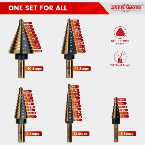 Step Drill Bit Set With 50 Sizes, Titanium Coated HSS Bits, 5 piece kit shown with 10, 12, 9, 13, and 6 step bits