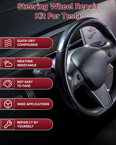 Tesla Steering Wheel Repair Kit Eight Piece Leather Scratch And Color Restorer For Model Y 3 S X in use on steering wheel