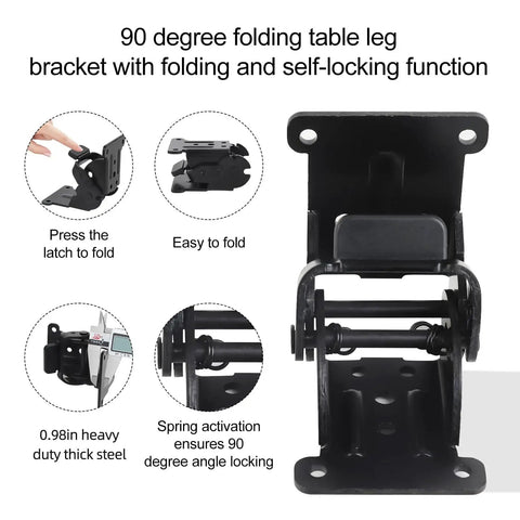 Close-up of a heavy-duty black steel self locking folding table hinge with nickel plated finish, showing spring activation and folding mechanism.