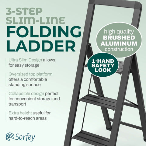 Three Step Folding Step Ladder In Matte Black Aluminum With Locking Mechanism Ultra Slim Profile Anti Slip Steps Lightweight Yet Sturdy For Home Office Kitchen Photography Super Handy And Ready For DIY Projects. 3-step folding ladder with brushed aluminum and safety lock