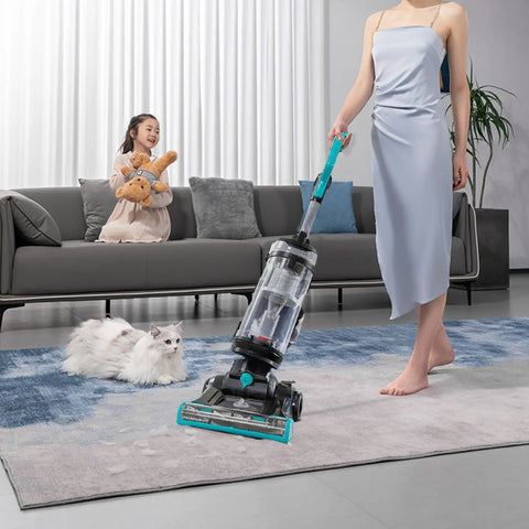 Woman vacuuming with Bissell PowerForce using Two Pack Filter Replacement Compatible With Bissell Turbo Bagless 2690 Vacuum Cleaners