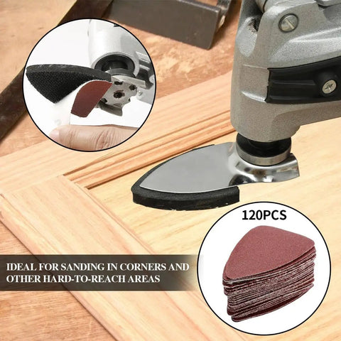 246 Piece Oscillating Tool Sanding Pad Kit in use on wood surface with 3 multitool pads and 3 finger pads, grits 60-320.