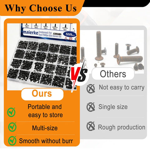 Killer 888 Piece Tiny Micro Laptop Screw Kit Featuring Countersunk Flat Head Phillips Mini Repair Screws Set In Black Carbon Steel arranged in a labeled tray.